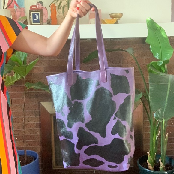 Hand painted Cow Print Leather Baggu Tote - Picture 2 of 4